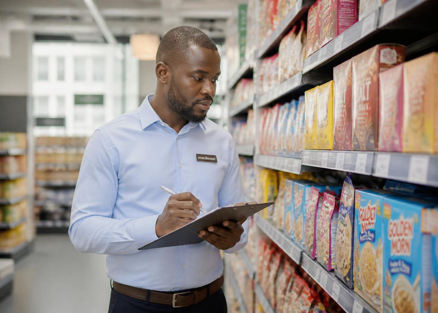Store manager reviewing shelves with a clipboard in a bright supermarket aisle