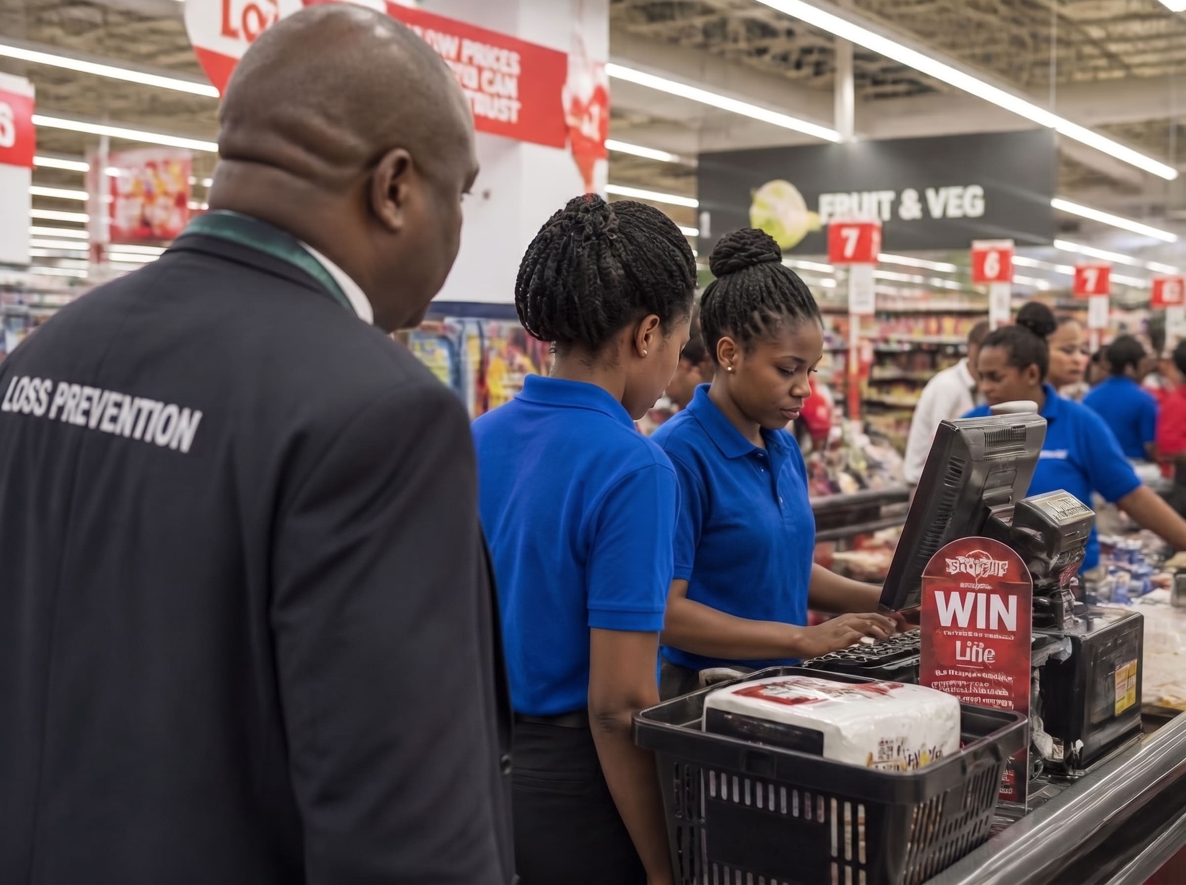 Loss prevention officer observing checkout operations in a supermarket