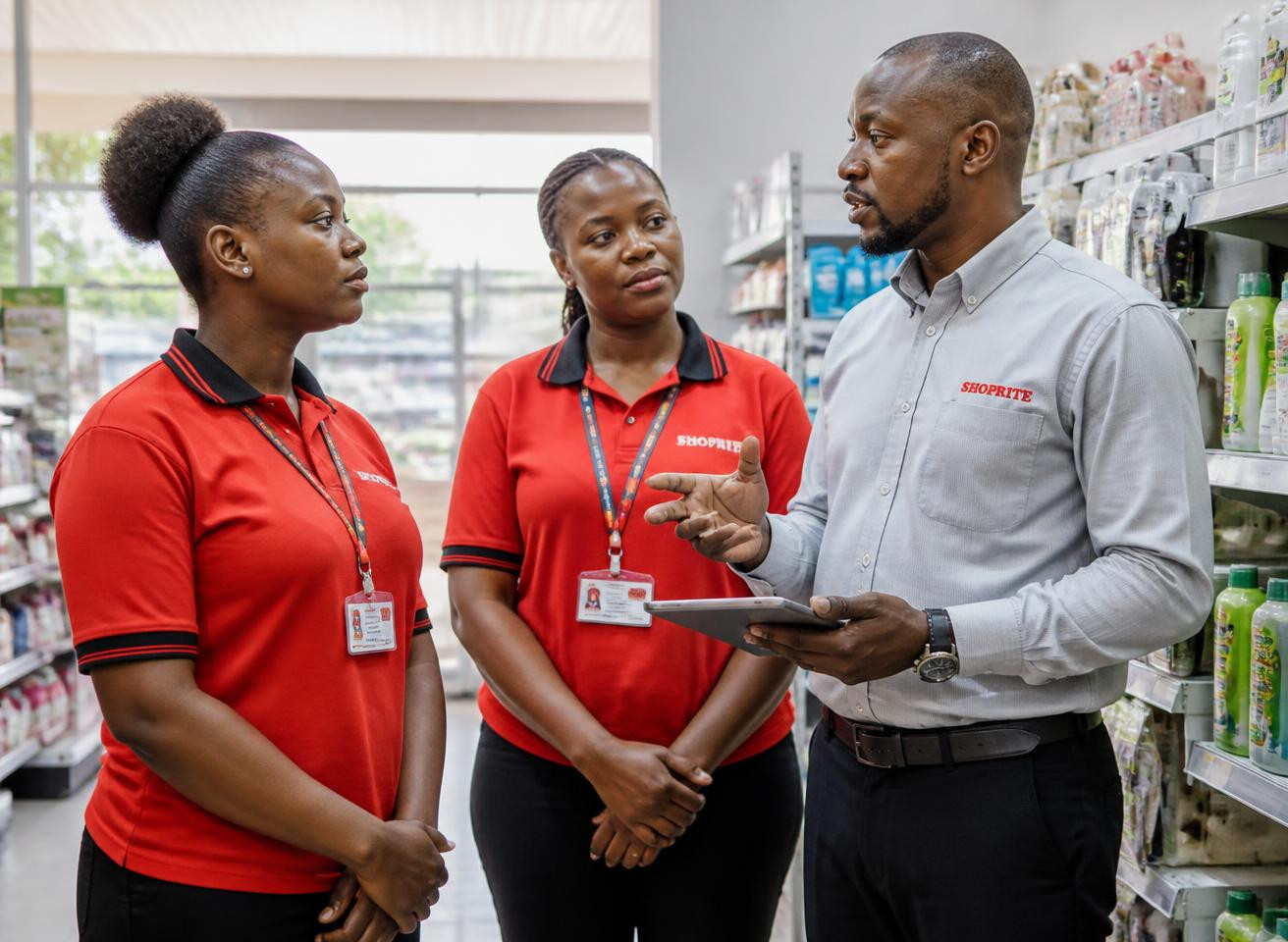 Retail supervisor briefing staff on the shop floor