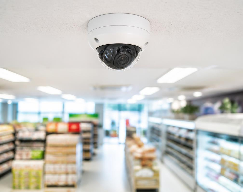 Dome CCTV camera above a supermarket aisle