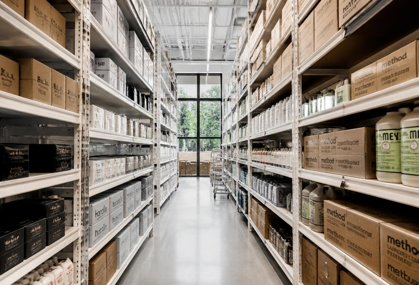 Bright stockroom with tall shelves of arranged inventory