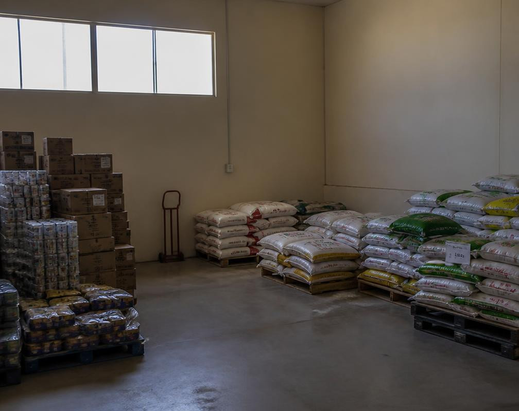 Storage area with stacked goods on pallets