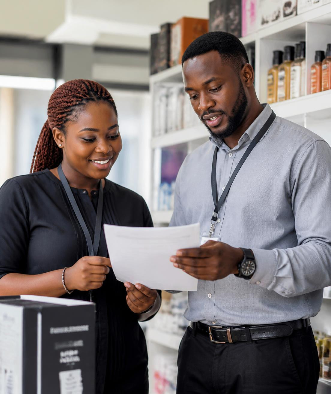 Two retail professionals reviewing a stock document together in a store