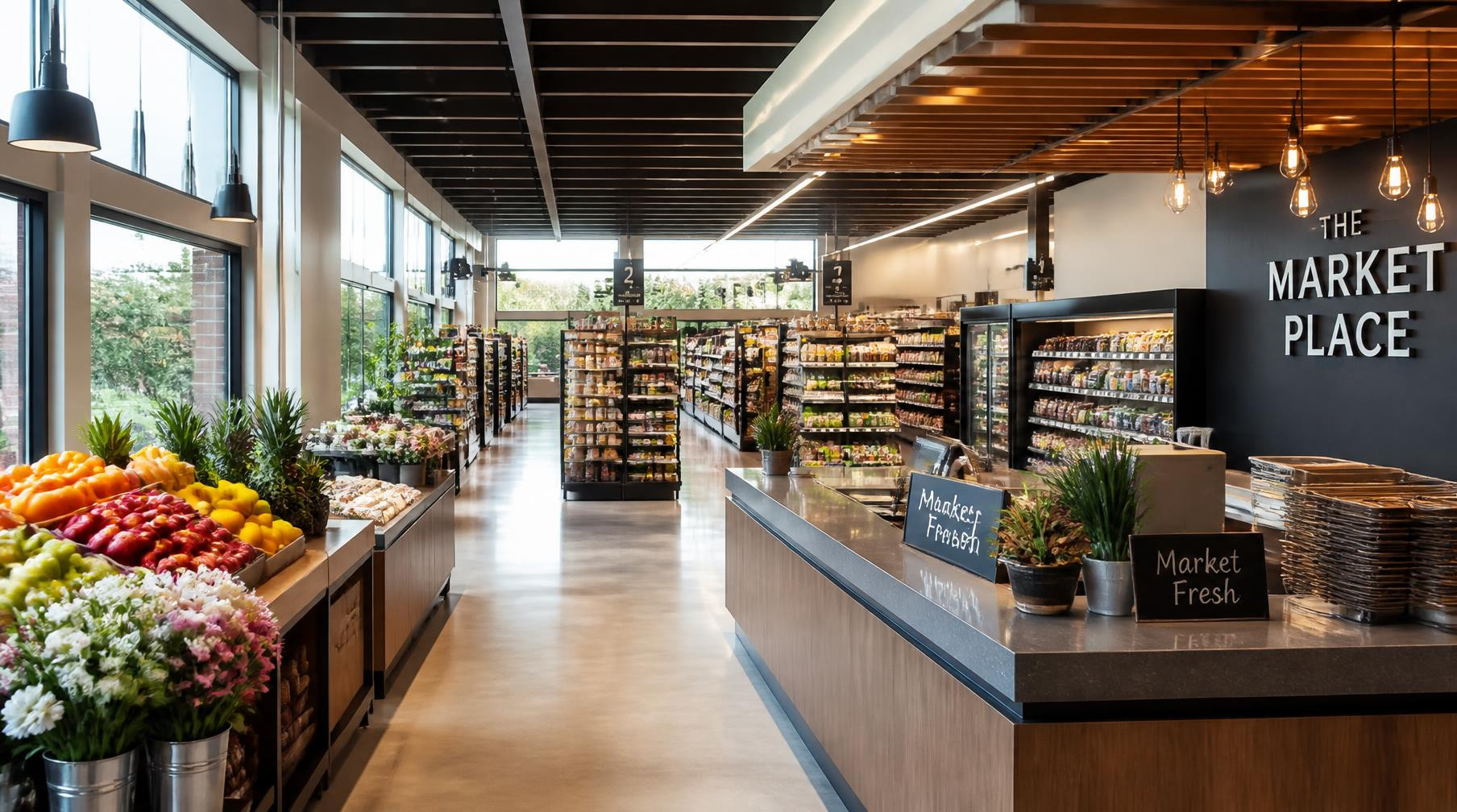 Bright modern supermarket interior with clean aisles